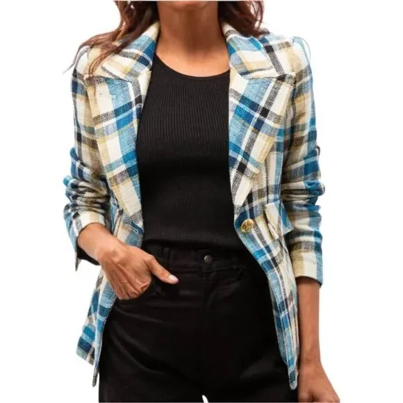 NEW Smythe Cut-Away Blazer Summer Plaid Linen Cotton Size 6 - Picture 2 of 12